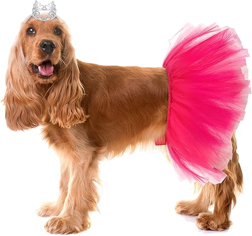 Miniatura 2 de Juego de 2 piezas de corona de perro con diadema y tutú para perro, con diamantes de imitación de cristal, tiara, corona, falda tutú, vestido para