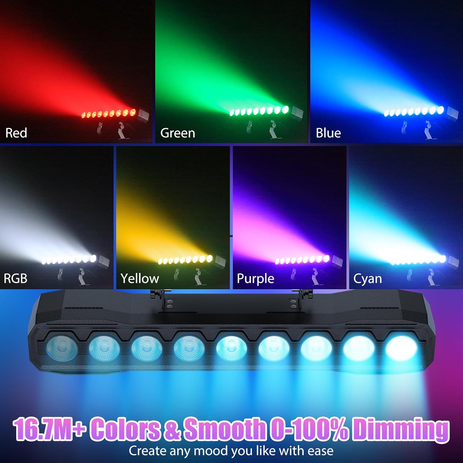 Image showing various color outputs including Red, Green, Blue, RGB, Yellow, Purple, and Cyan, highlighting 16.7M+ colors and smooth 0-100% dimming.