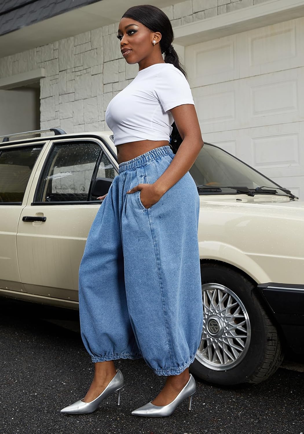 Tbahhir Women's Baggy Jeans Barrel Cropped Elastic Waist Denim Pants Loose Trousers with Pockets - Image 7