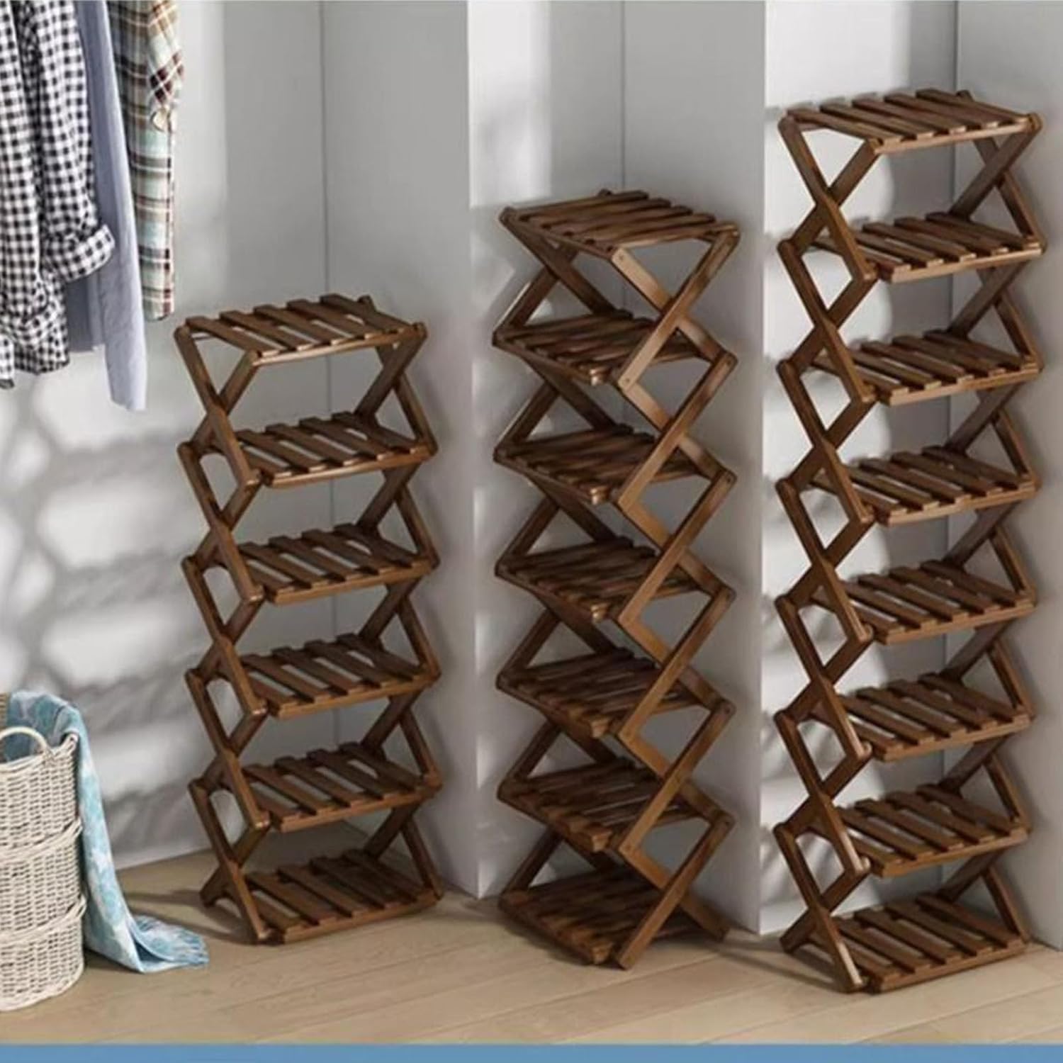 The 6-Tier No-Assembly Bamboo Rack, Bamboo Shoe Storage Rack, Vertical Shoe Organizer for Small Spaces, Rock-Solid Stability, No Assembly Narrow Shoe Shelf for Entryway Closet Dorm (Brown, 6 Tier)