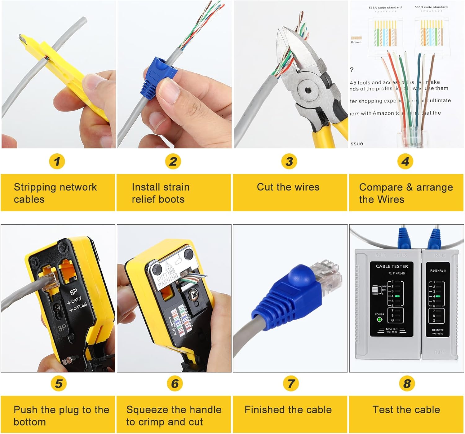 RJ45 Crimp Tool Kit Pass Through Ethernet Crimper Kit Cat5 Cat6 Cat7 Crimping Tool Kit,All-in-One Stripping Cutting Crimping Tool for RJ11/RJ12 Standard,RJ45 Pass Through Connectors