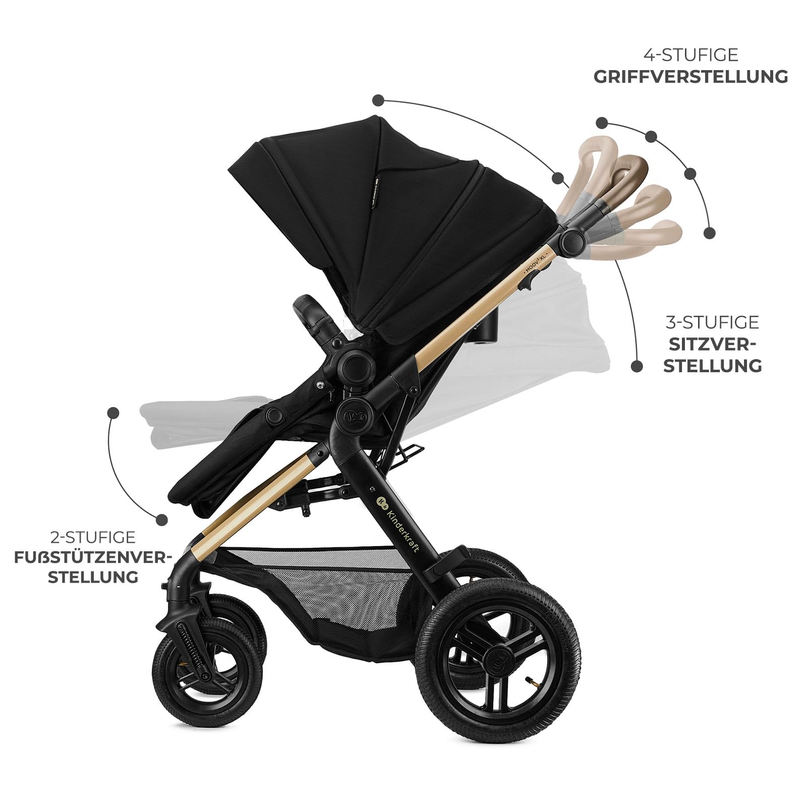 Kinderkraft MOOV 2 XL AIR Kinderwagen 3 in 1 Kinderwagenset bis 27 kg mit Kindersitz I-SIZE 40-75 cm, Große aufblasbare Räder mit Dämpfung, Verwandelbarer 2-in-1 Sitz, Babywanne, Zubehörsatz, Schwarz