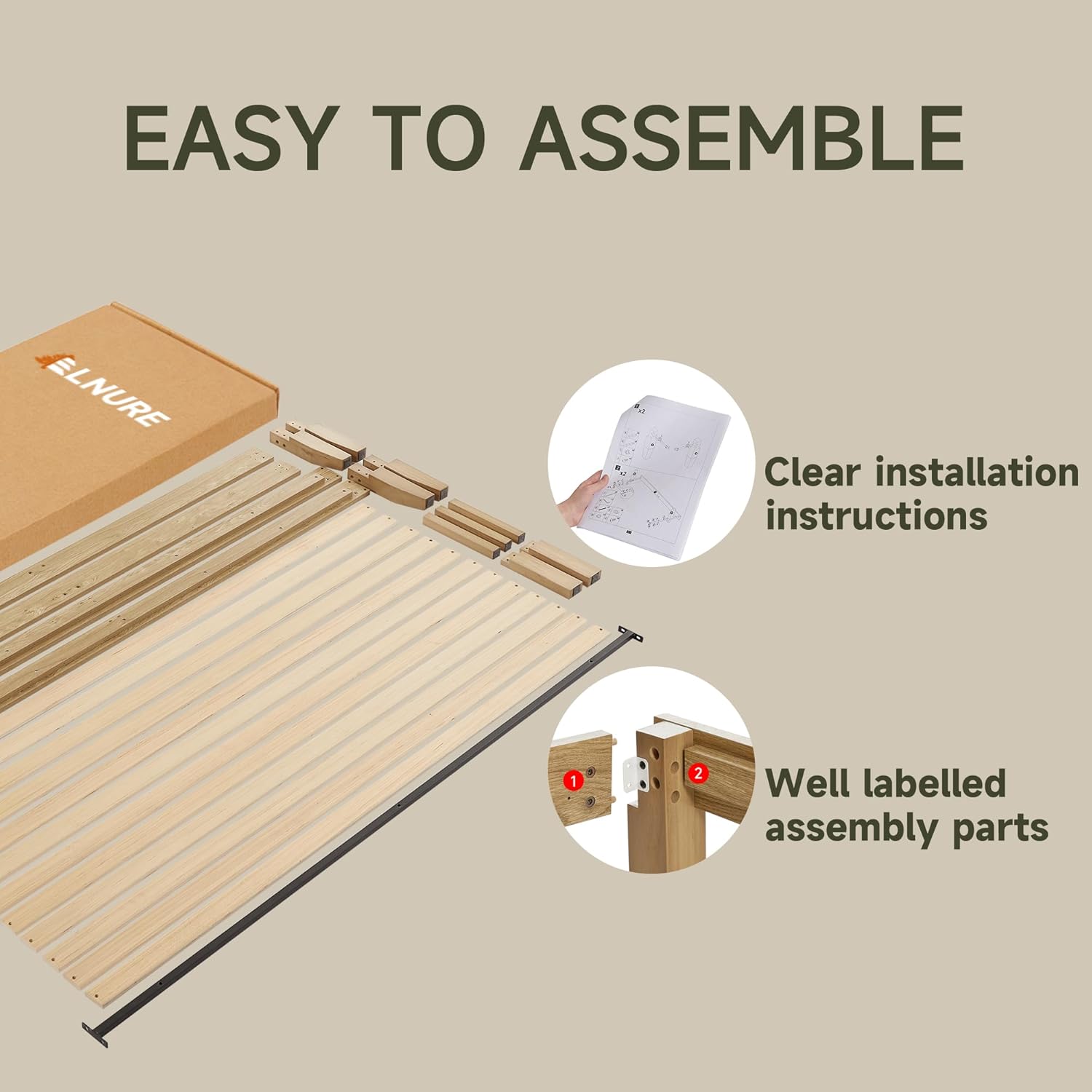 Queen Bed Frame Wood Platform Bedframe with Solid Wood Slat Support, Minimalist 12 Inch Queen-Size Wooden No Box Spring Needed, Noise Free Sturdy Easy Assembly