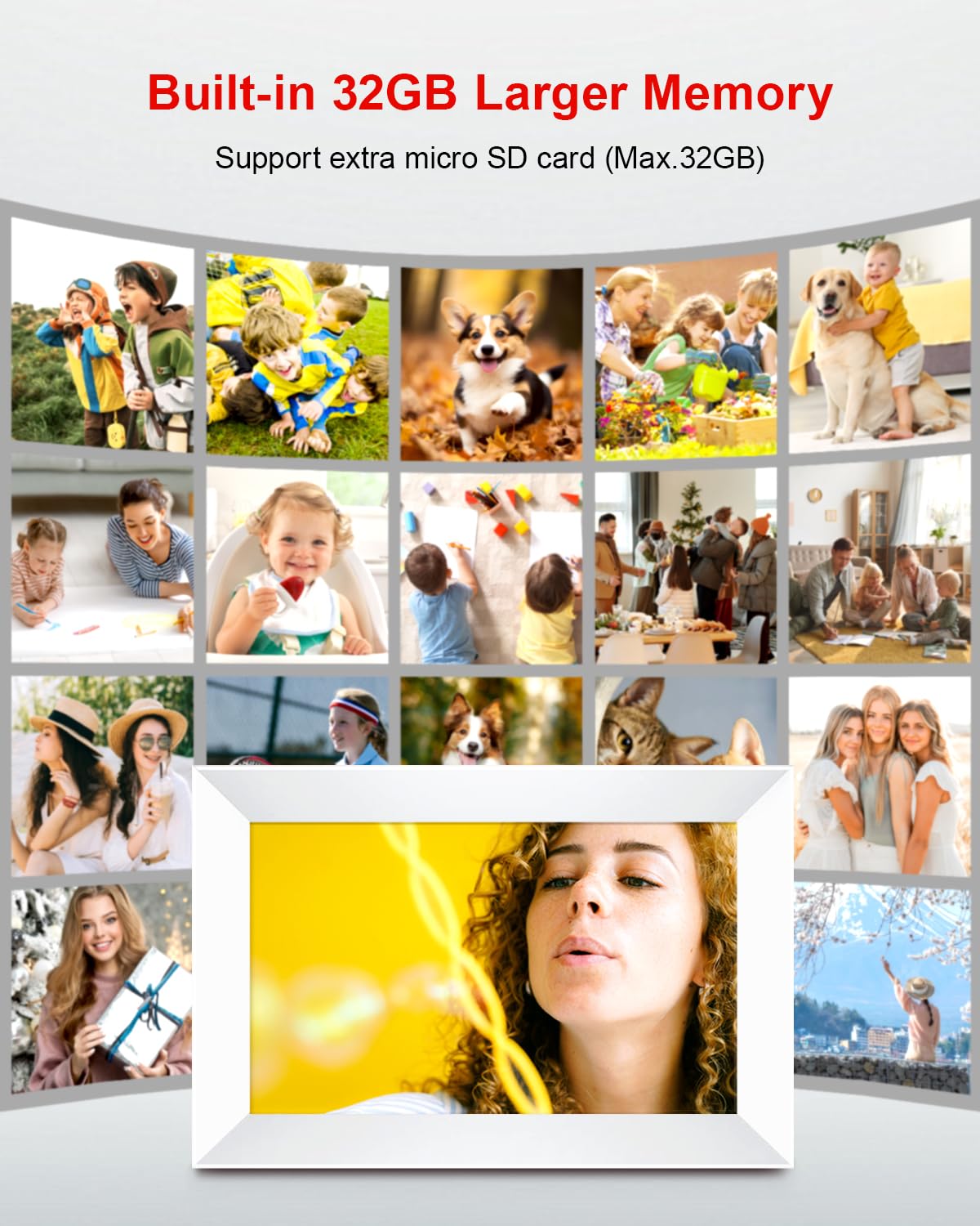 10,1 Zoll WiFi Digitaler Bilderrahmen, 1280x800 HD IPS Touchscreen Foto Rahmen, 32GB Speicher, Automatische Rotation, Wandmontagefähig (White, Frameo 10)