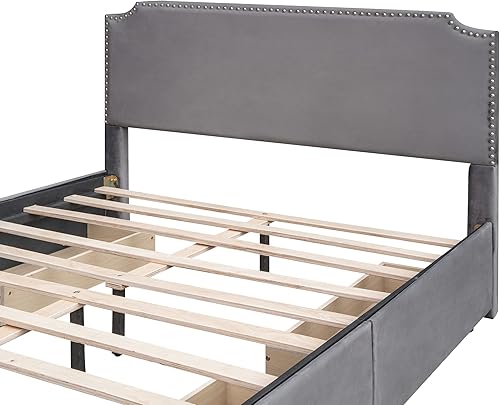 Miniatura 6 de Aiuyesuo Cama moderna tapizada de tamaño Queen con 4 cajones de almacenamiento base de colchón de tela de terciopelo con cabecera y estribo espacio