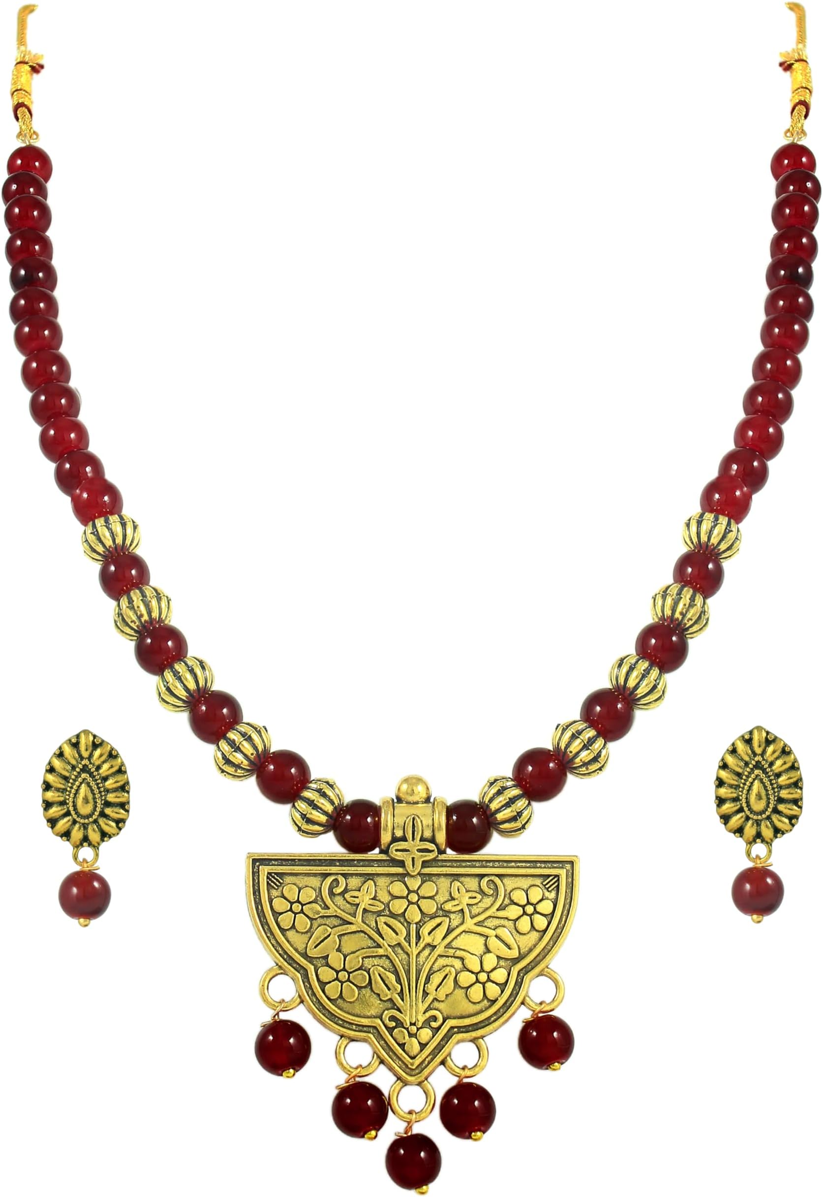 Jewellery for Less Stylish Gold Plated Antique Semi-Circle Pendant Beaded Tribal Necklace Set for Women and Girls.
