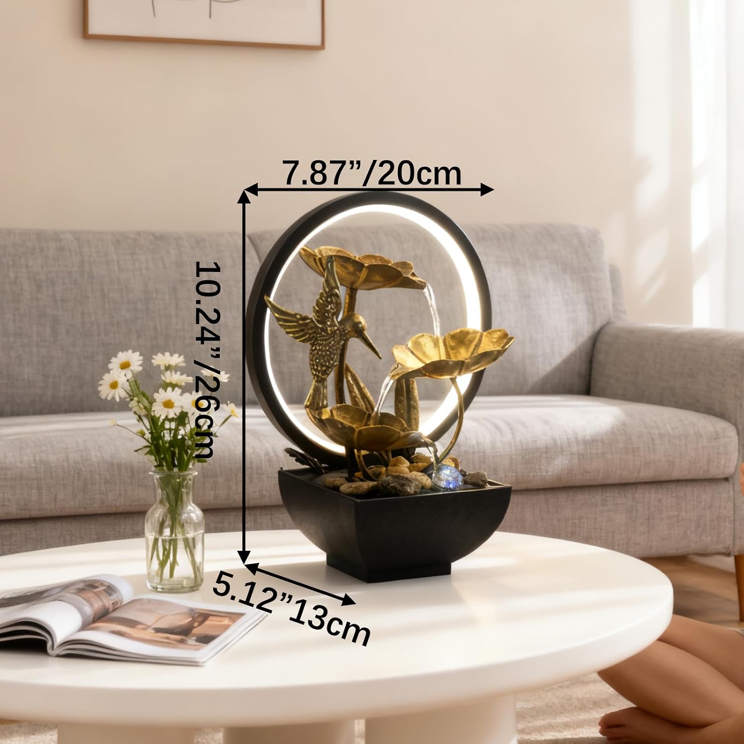 AOZITA Tabletop Fountain, Indoor Waterfall Fountain, Small Home Décor Zen Relaxation Soothing Sound Machine for Office, Living Room, or Bedroom, Bronze Metal Lotus with HBird, River Rocks, Round LED