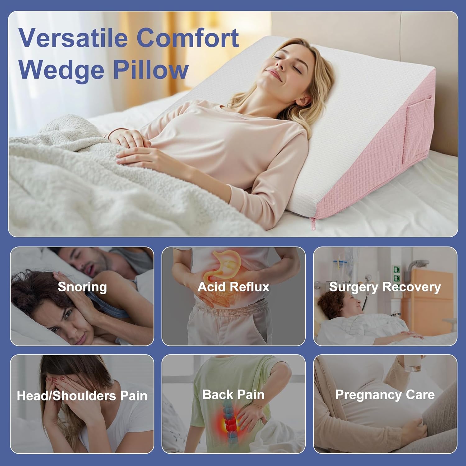 Wedge Pillow for Headboard, 12’’ Triangle Elevated Bed Wedge Pillow for Acid Reflux Relief, Sleeping, Post Surgery, Back Pain Relief, Snoring, Soft Memory Foam Top & Washable Breathable Cover, Pink