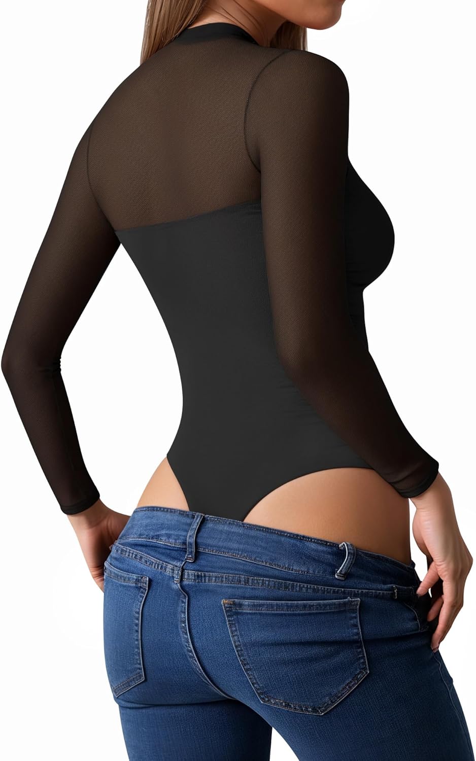 MANGOPOP Women's Mock Turtle Neck Bodysuit Mesh Ruched Short Long Sleeve Body Suit Sexy Sheer Trendy Going Out Outfits Tops - Image 3