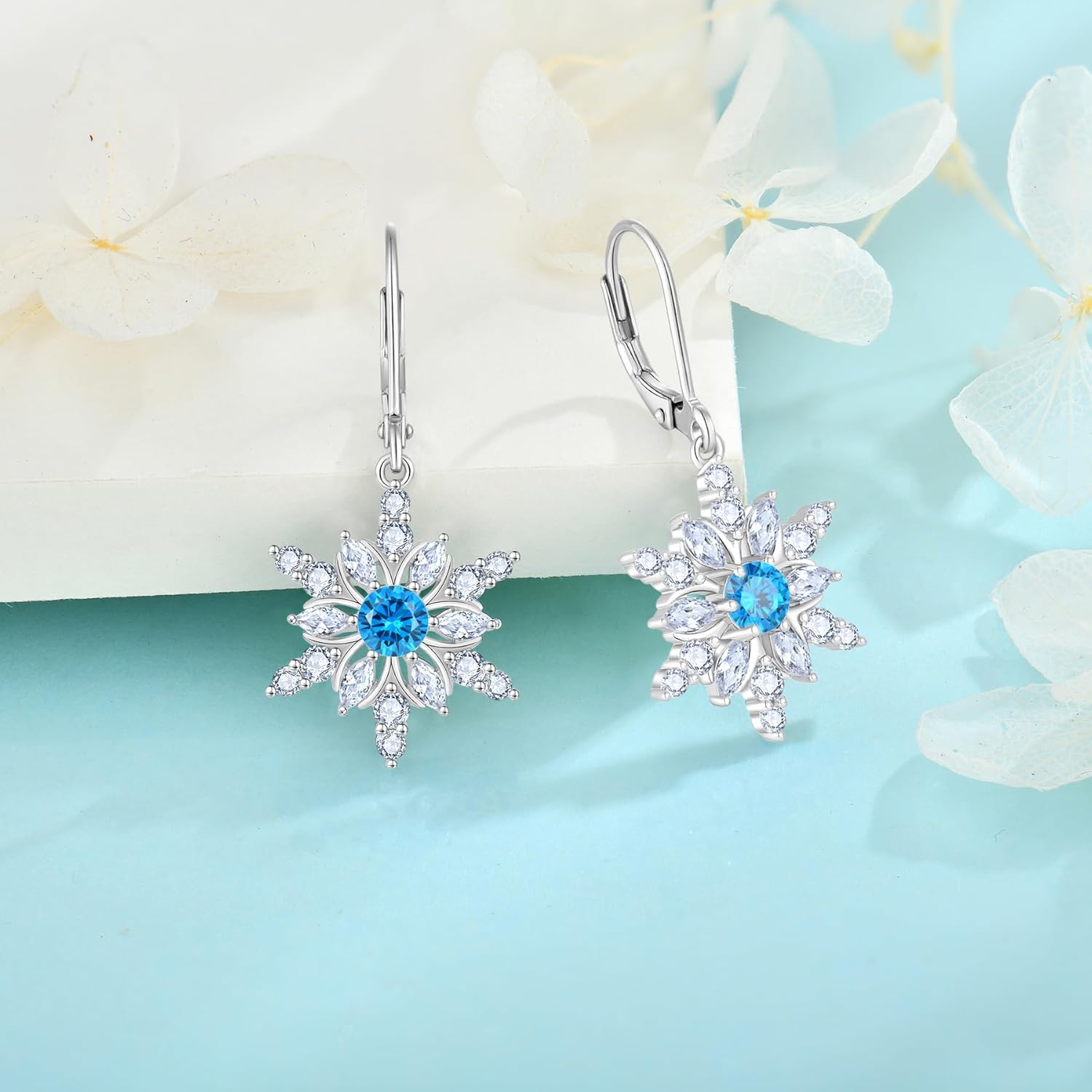 Snowflake Earrings for Women 925 Sterling Silver Christmas Earrings Dangle Drop Leverback Birthstone Jewelry for Her