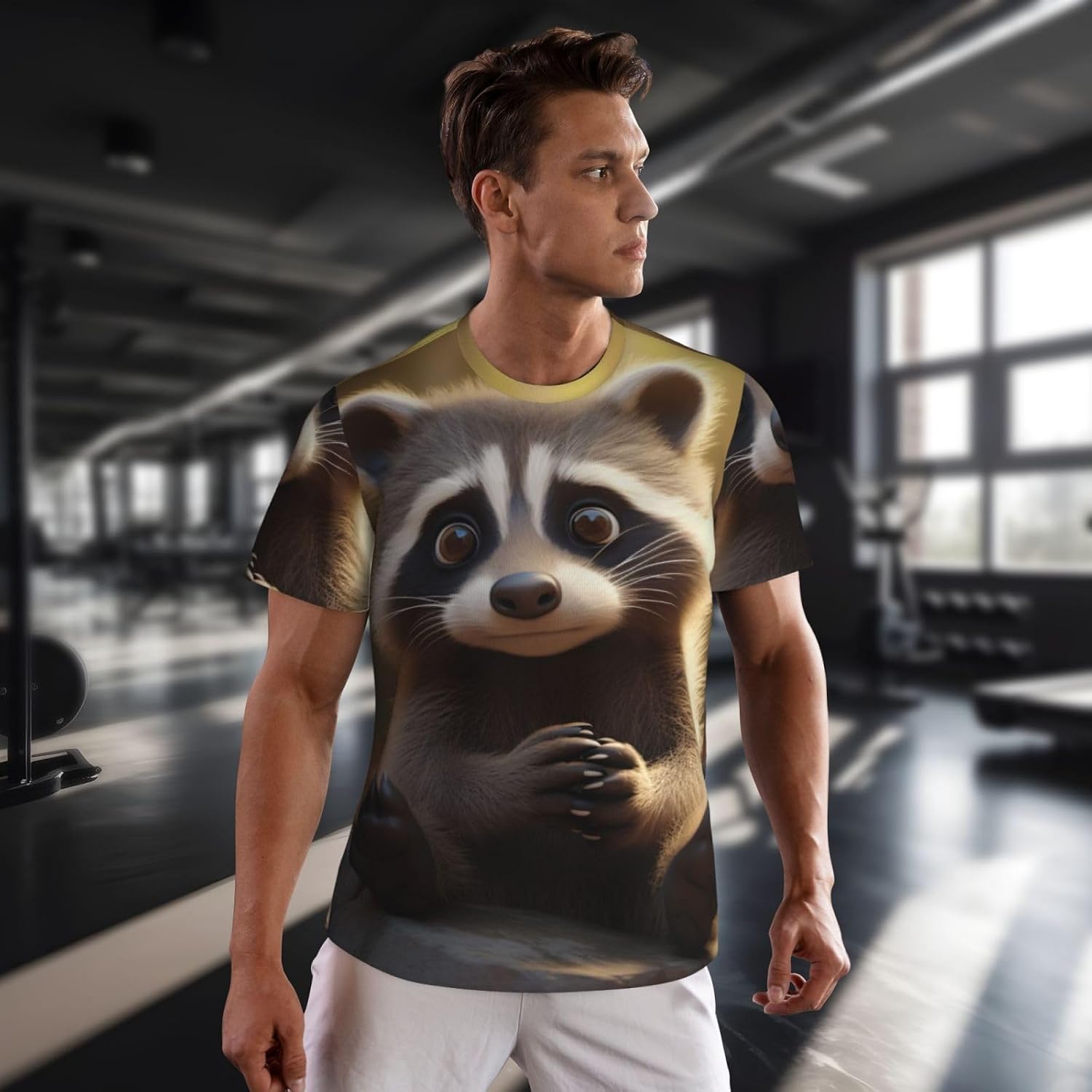 Cute Raccoon Print Mens Short Sleeve Mesh T-Shirt Breathable Athletic Gym Running Casual Sports Wear