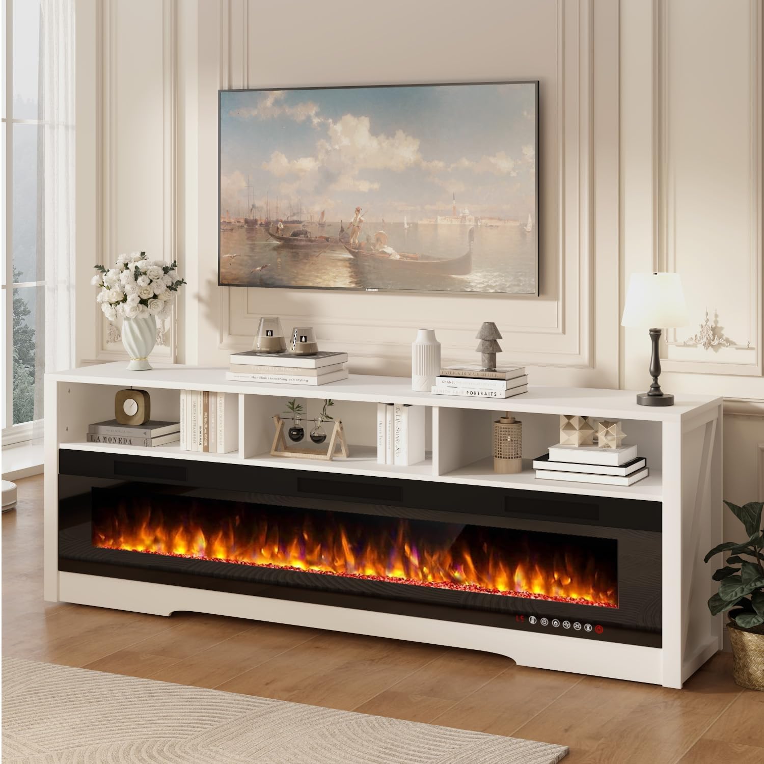 65" Fireplace TV Stand with 60" Glass Electric Fireplace for TVs Up to 75 inch, Modern Fireplace Entertainment Center with Open Storage Shelf, Media Console TV Cabiet for Living Room, Black