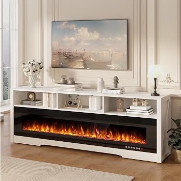 PRETZI 65" Fireplace TV Stand with Glass Electric Fireplace for 75 inch TVs | Modern TV Console with 60" Electric Fireplace, Open Storage Cabinet, Media Entertainment Center for Living Room, White