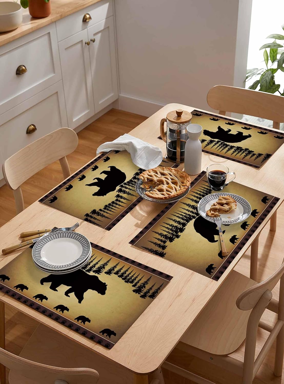 Seven Roses 12 x 18 Inches Set of 4 Cotton and Linen Place mat, Black Bear Forest Silhouettes Stain Resistant Non-Slip Table Mats for Kitchen Vintage Farm Backdrop
