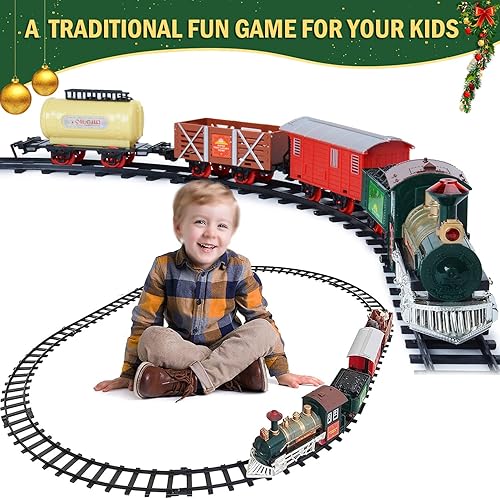Miniatura 6 de Juego de tren de Navidad para debajo del árbol con luces y sonidos, juego de tren de juguete para Navidad con pistas grandes, 5 vagones de tren,