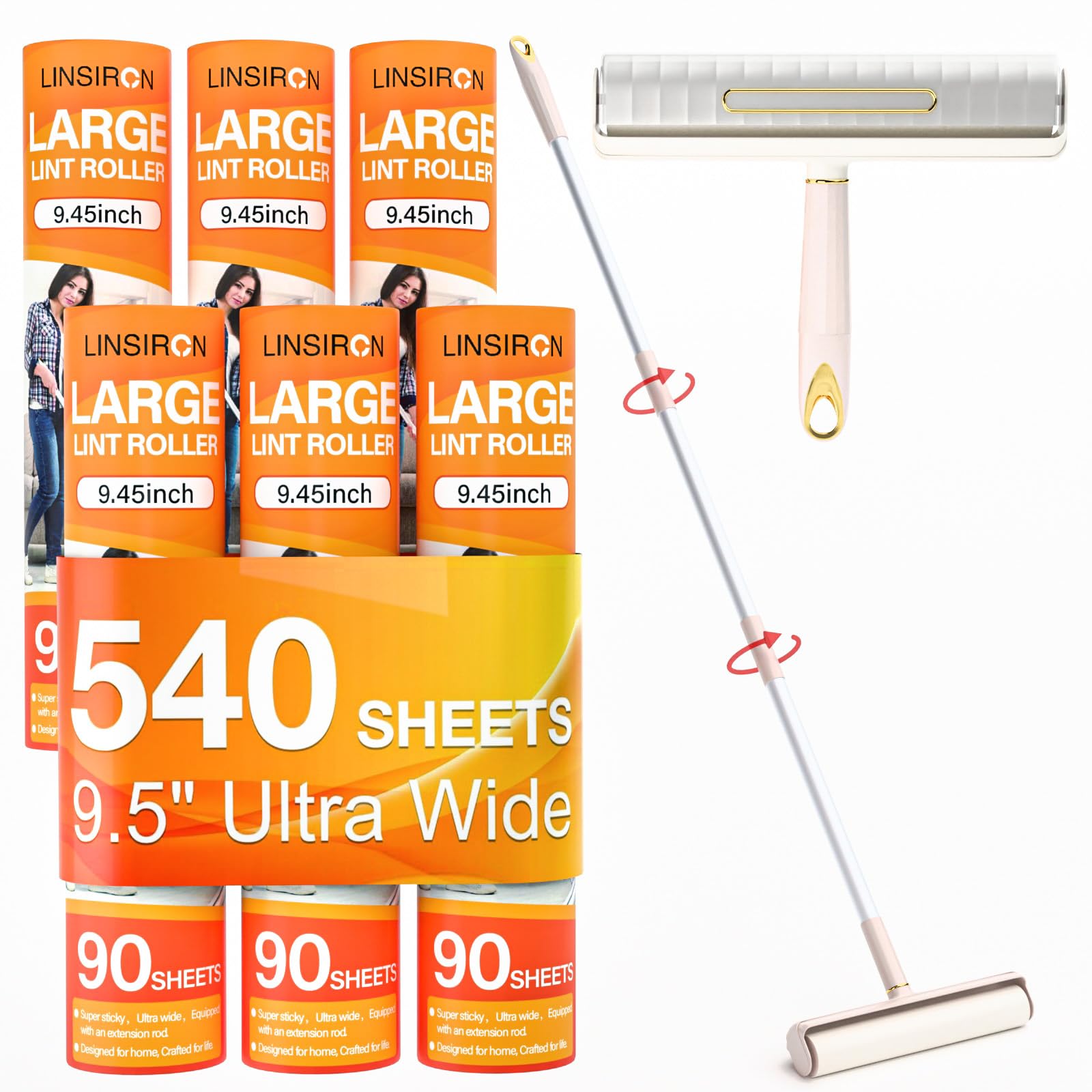 9.45'' Large Lint Rollers for Pet Hair Extra Sticky, with 540 Sheets,Giant Floor lint Roller Long Handle,Jumbo Couch lint Roller for Cleaning Carpets, Clothing, Furniture Wall Remover