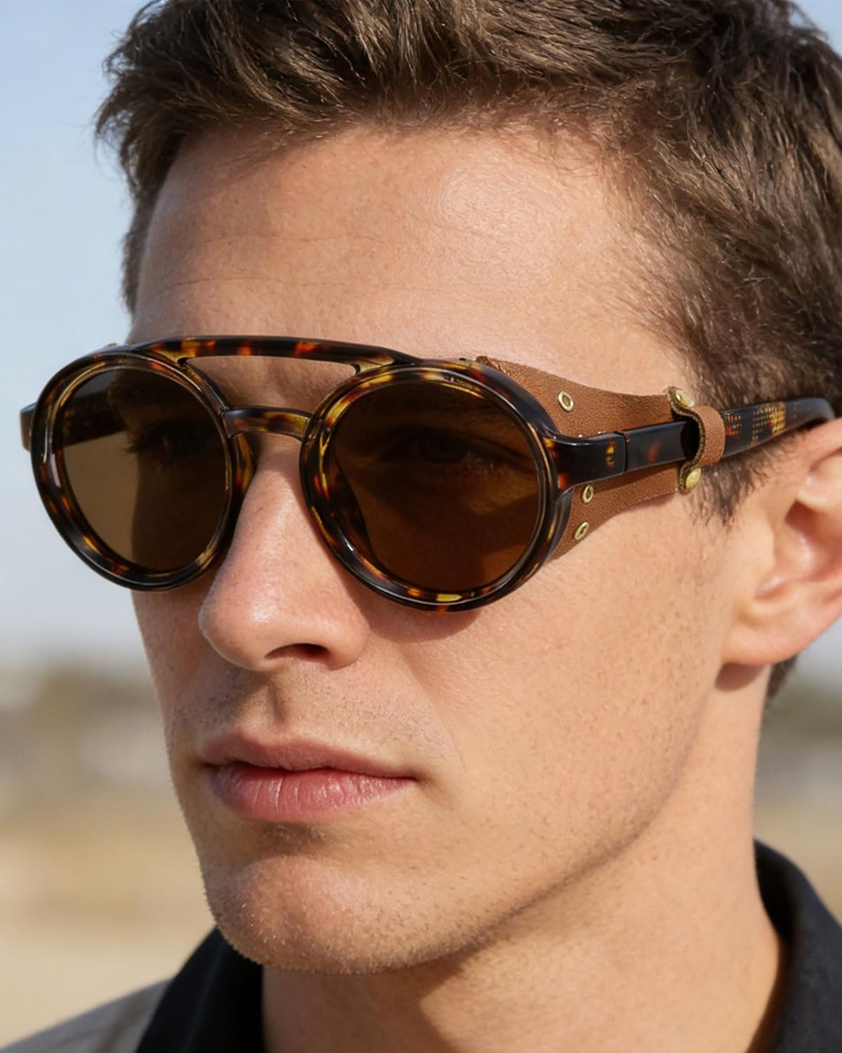 Polarized Round Steampunk Sunglasses with Leather Side Double Bridge Shield Retro Eyewear for Men Women - Image 2