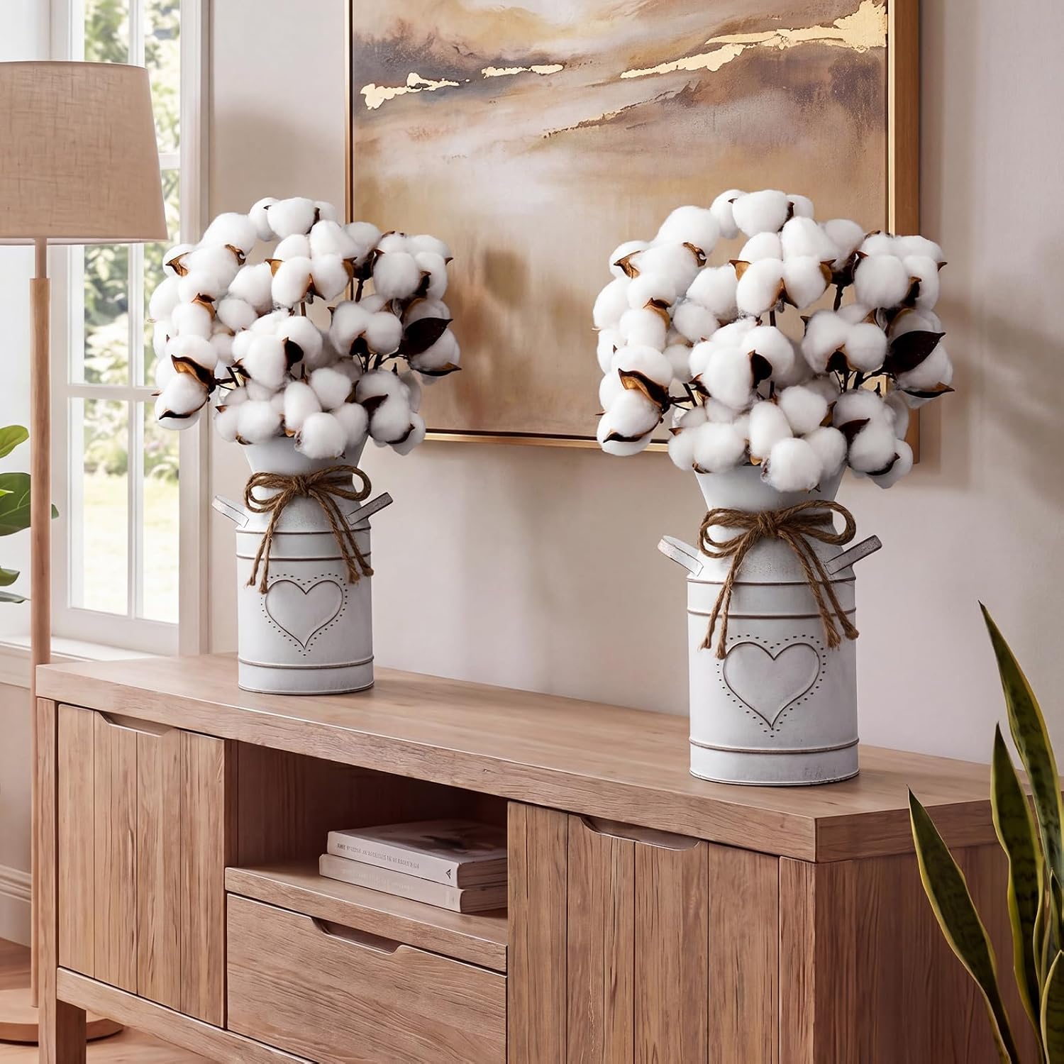 2 Pack 7.5" High Decorative Vase with 10 Pcs Cotton Stems, Cotton Flowers in Vase, Rustic Sprigs for Fillers Decor Branches Table Centerpieces Decorations and DIY Crafts