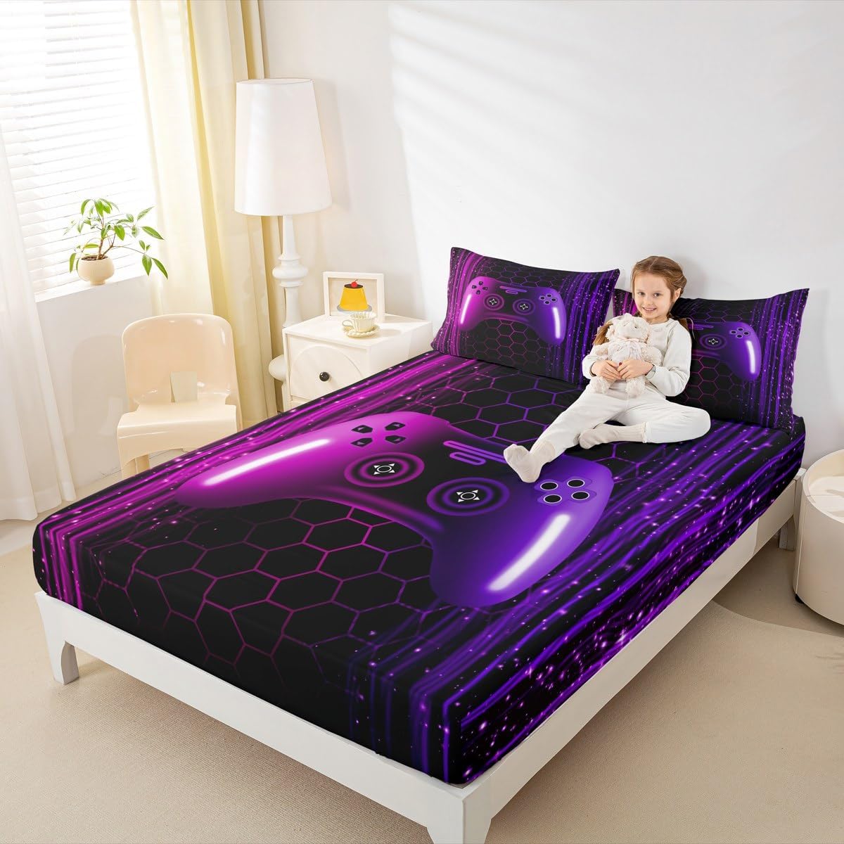 Erosebridal Gaming Twin Size Fitted Sheet for Kids Boys Teen Girls Game Controller Bedding Set Gamer Bed Sheets Dull Purple and Lavender Geometric Honeycomb Hexagon Striped Bed Set,2 Piece