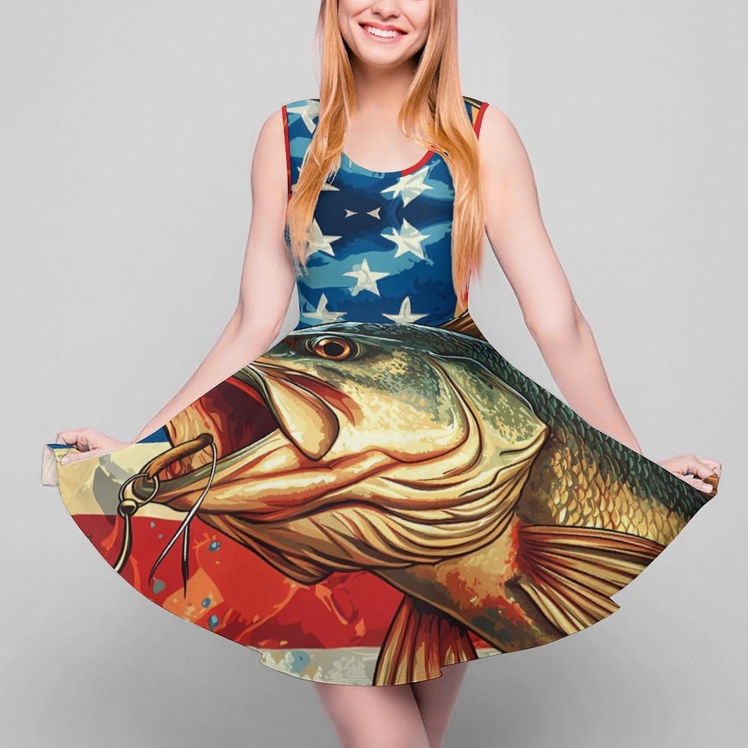 USA United States Bass Fish Women's Dresses Round Neck Dress Sleeveless Tank Dress Ruffle Hem Sundress