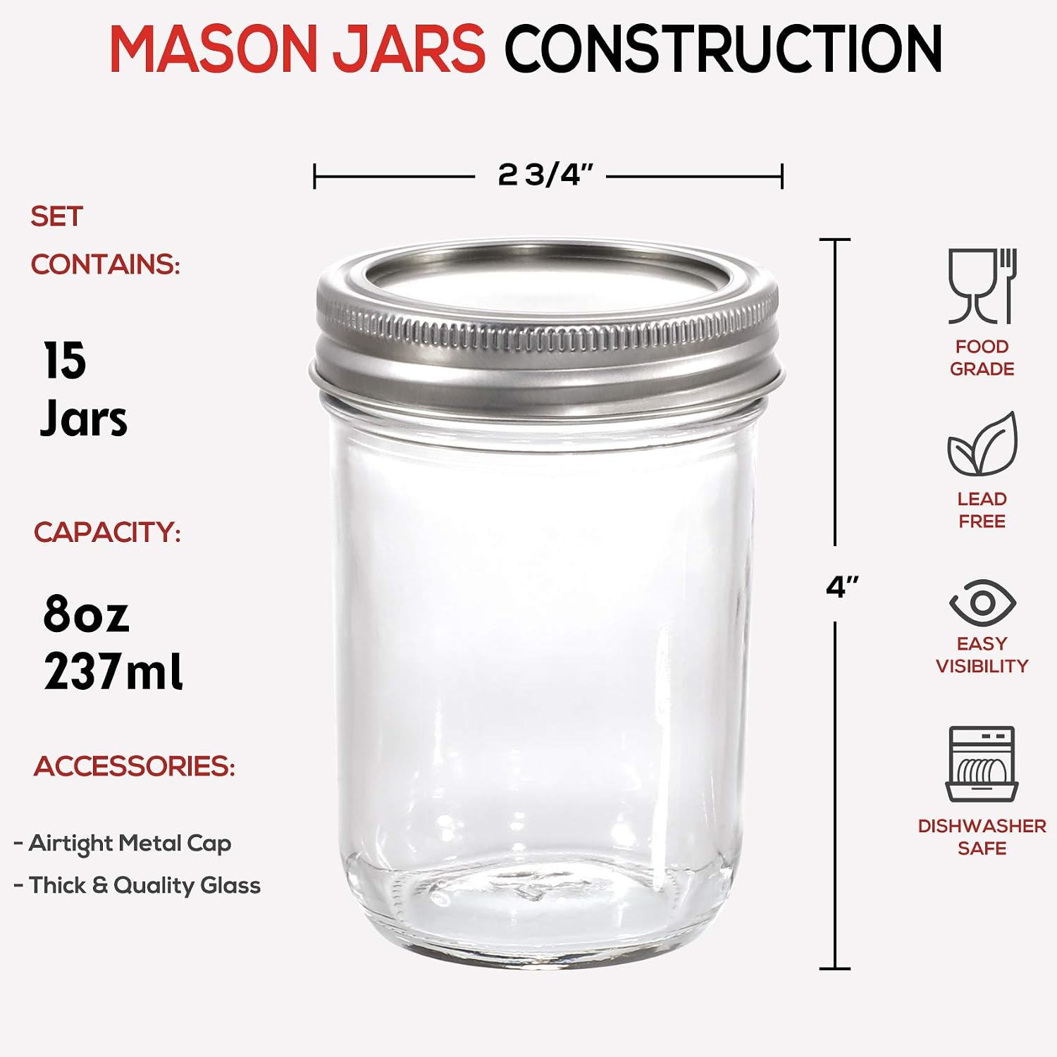 15 Pcs Mason Jars 8 Oz, Regular Mouth Canning Jars with Airtight Lids and Bands, Colored Plastic Lids, Blank Labels, Chalk Marker, Leak-Proof Lids for Food Storage, Canning, Favors, Decorating Jar