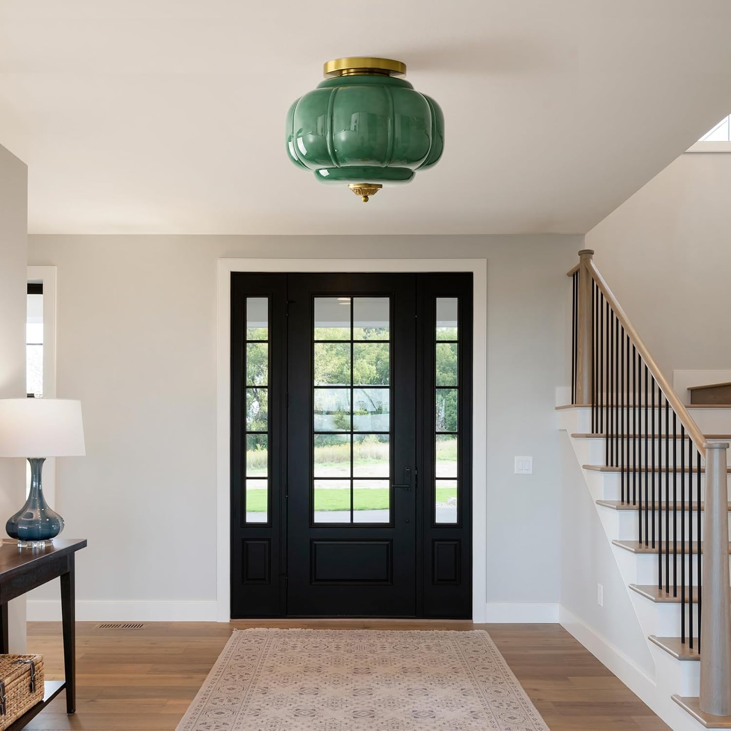 Vintage Ceiling Light Fixture 15 inch Semi Flush Mount Ceiling Light Antique Green Mid Century Milk Glass Ceiling Light for Kitchen Dining Room Hallway and Bedroom E26