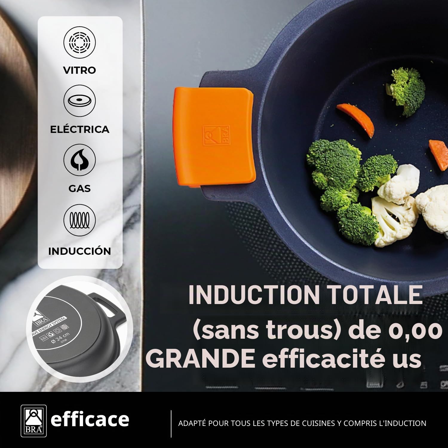 BRA Efficient | Faitout Bas 45 cm, Antiadhésif Platinum Plus sans PFOA | Fonte D'Aluminium, Anses en Silicone Démontables, Tous Feux Dont Induction