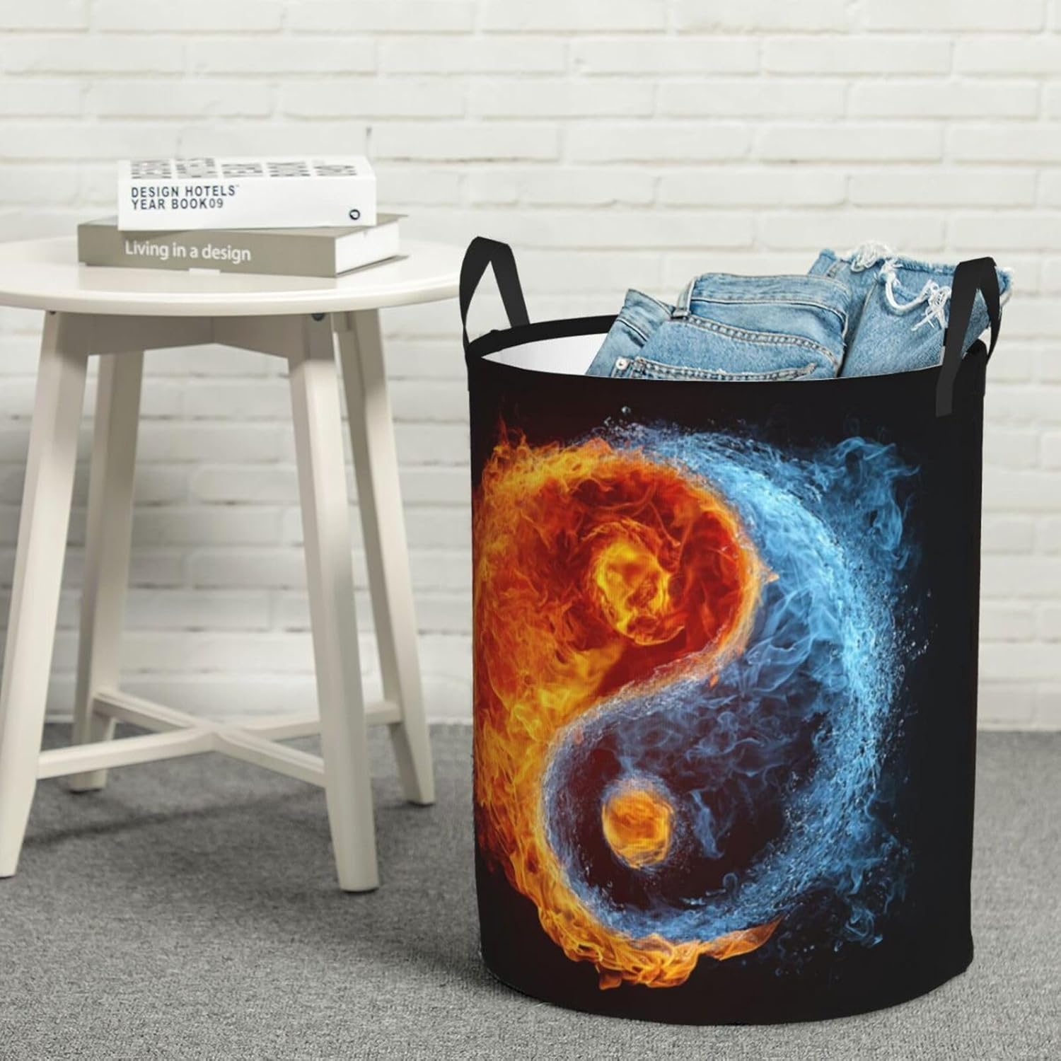 Laundry Basket Waterproof Laundry Hamper for Bathroom yin yang fire water Laundry Baskets Circular Storage Basket with Handles Lightweight Dirty Clothes Hamper for Bedroom Dorm