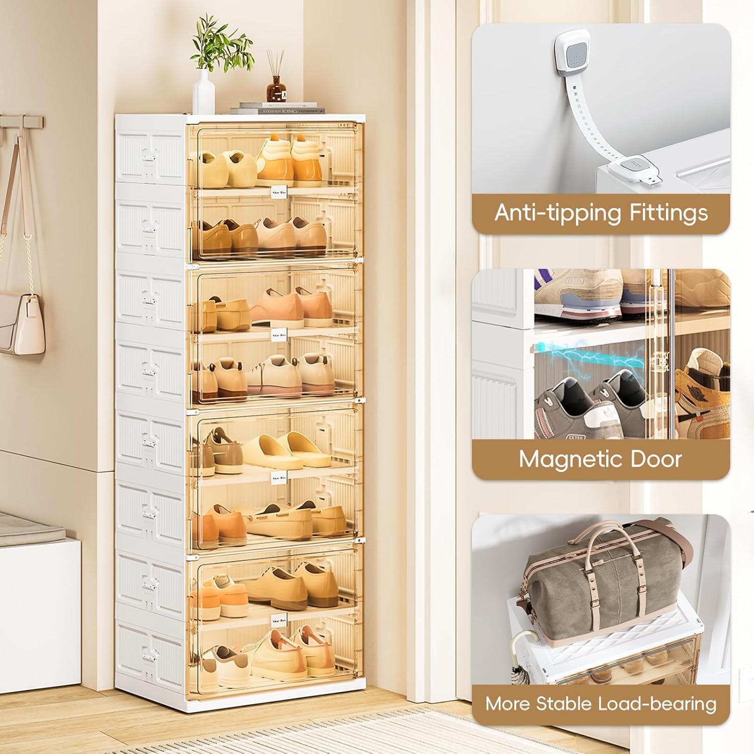 Stackable 8-Tier Foldable Shoe Storage Box with Magnetic Doors - Large Organizer Cabinet for Entryway, Closet, and Bedroom - Space-Saving Shoe Rack (White) Single-Row 10 Tier