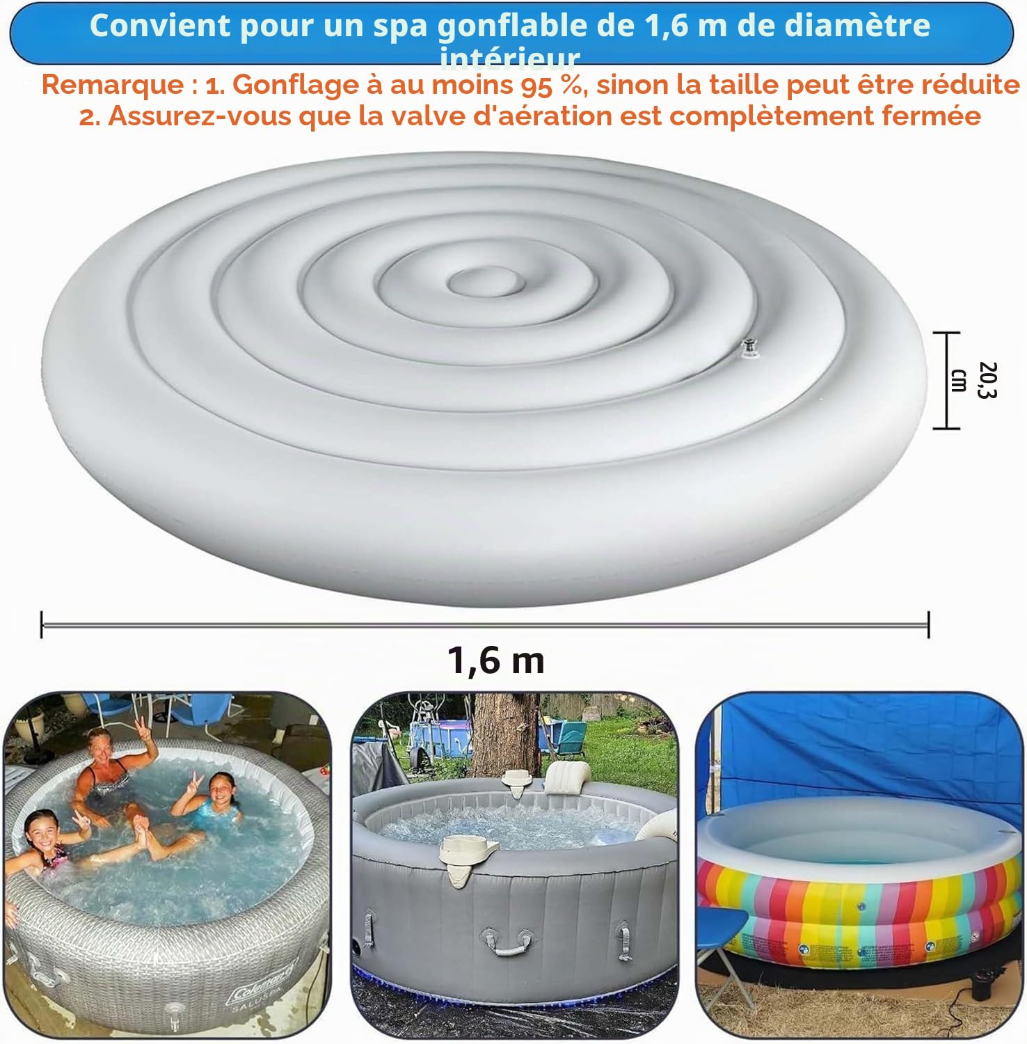 Housse de jacuzzi ronde gonflable de 1,5 m – Couvercle de spa à économie d'énergie – Couvercle de baignoire d'extérieur pour baignoire thermique isolée