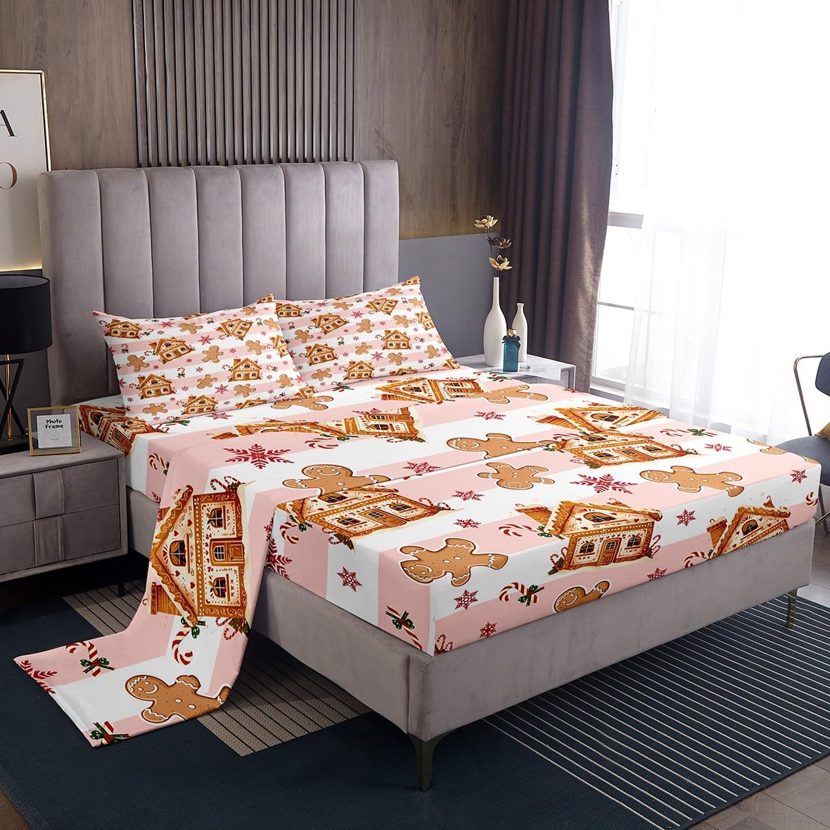 Homemissing Pink Christmas Gingerbread Man Sheets Gingerbread House Bedding Set Single Size for Kids Christmas Snowflake Bed Sheets Xmas Christmas Sheets Set,1 Fitted Sheet+1 Pillow Sham+1 Flat Sheet