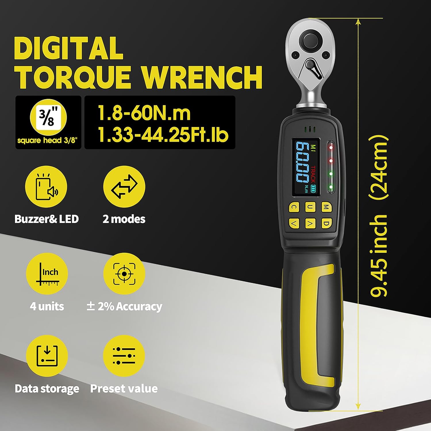 3/8" Digital Torque Wrench, 1.4-44.3 Ft-Lb & 1.8-60 Nm Range, Color LCD Backlit Display, Audible Buzzer & LED Flash Indicator, Motorcycle & Precision Engine Maintenance, Storage Case Included