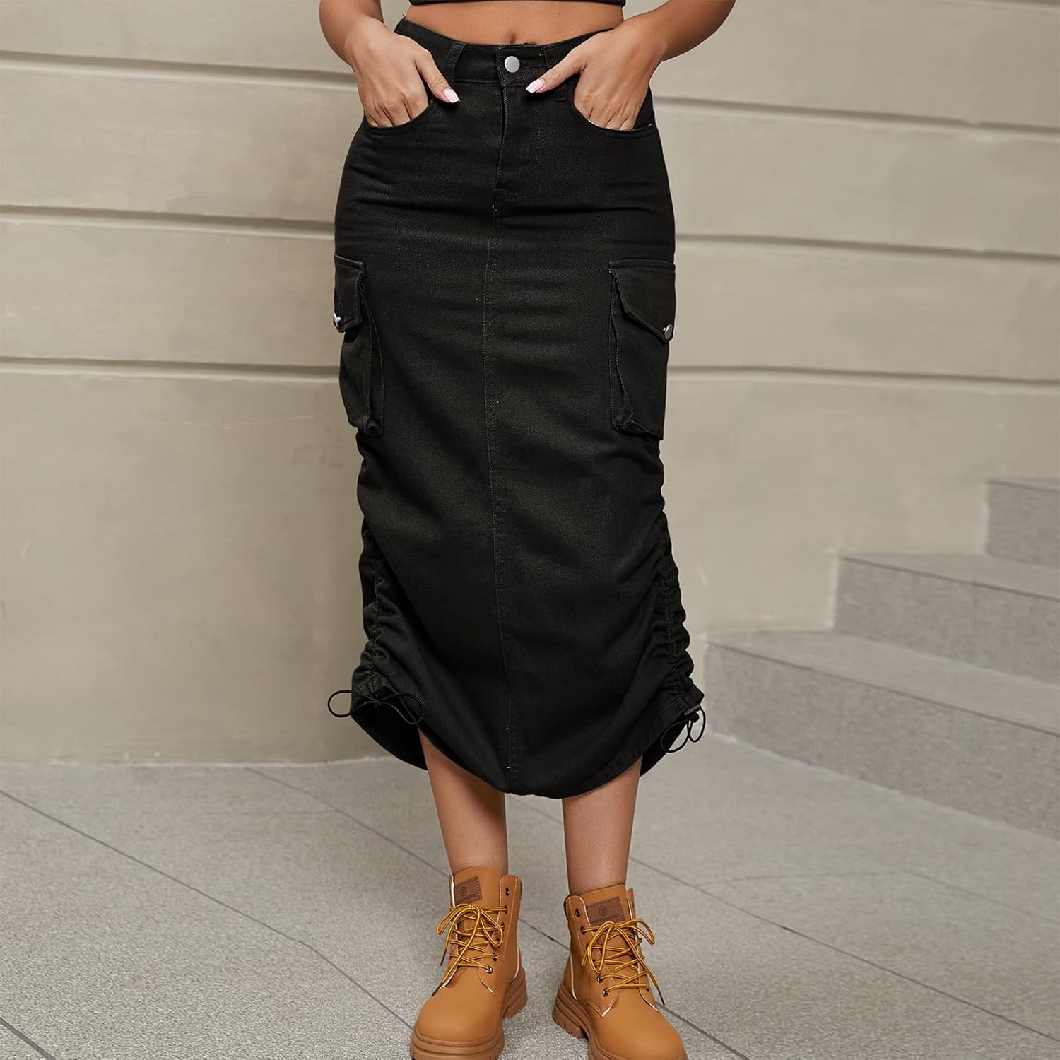 Women Denim Cargo Long Skirts High Waisted Pencil Skirt Midi Length Jean Skirt with Cargo Pockets - Image 2