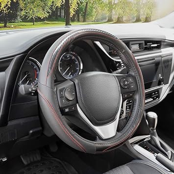 BDK UltraSport Steering Wheel Cover - Perforated Microfiber Leather with Carbon Fiber Detail & Contrast Stitching Black w/Red Stitching