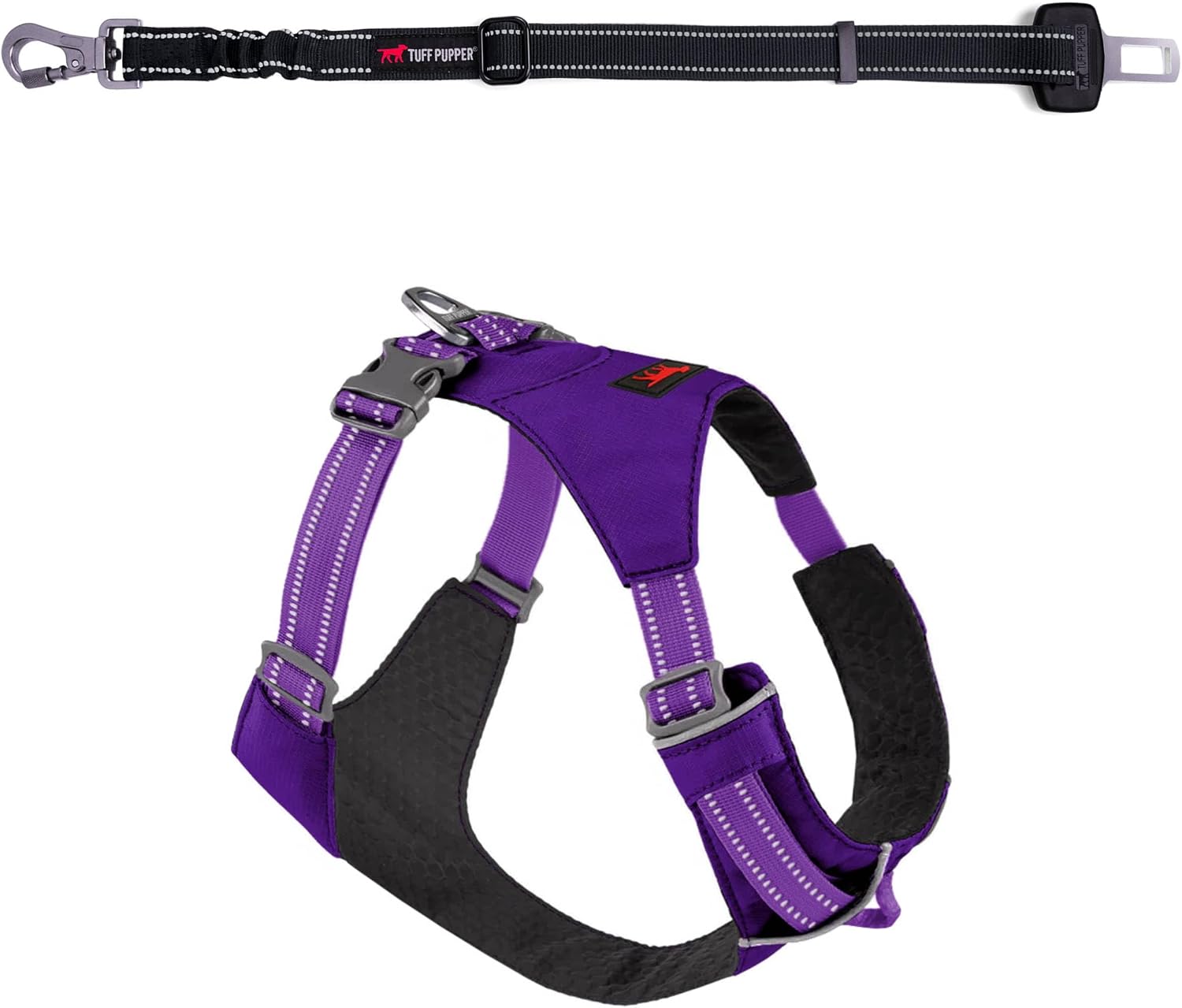 Tuff Pupper Dog Harness and Seat Belt Bundle | No-Pull Adjustable Harness with Front & Back Clips + Shock-Absorbing Car Seat Belt with Locking Carabiner | Reflective, Durable & Comfortable