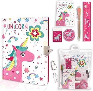 GINMLYDA Girls Diary with Lock,Kids Journal Set for Girls Includes 7.1x5.3 Inches Notebook Memo Pad Multicolored Pen Ruler Sharpener Eraser in One Jouranl Kit(Unicorn)