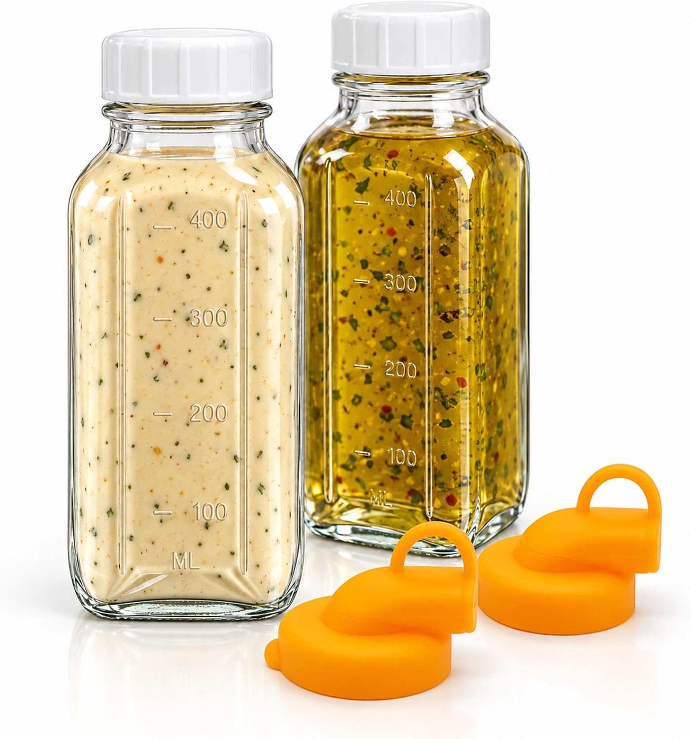 2 Pack Salad Dressing Shaker Bottles, 34 oz Glass Salad Dressing Containers with Pour Spouts and Measurement Marks, Reusable Dressing Dispenser for Sauces, Marinades, Oil and Juice