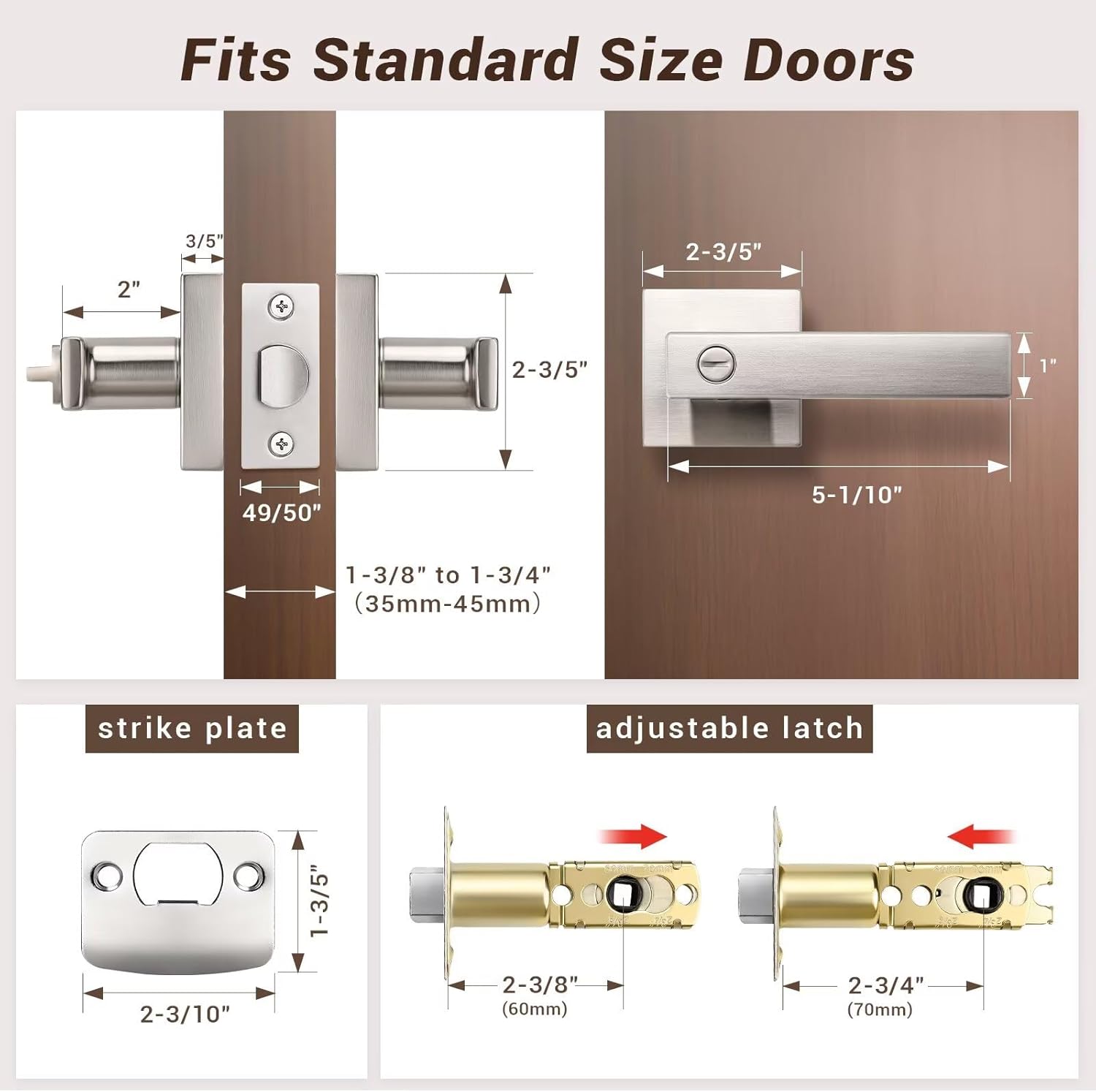 Knobonly 10 Pack Square Privacy Door Levers Interior, Satin Nickel Door Handles with Lock, Keyless Door Handlesets for Bedroom and Bathroom, Indoor Door Knobs Reversible for Right & Left