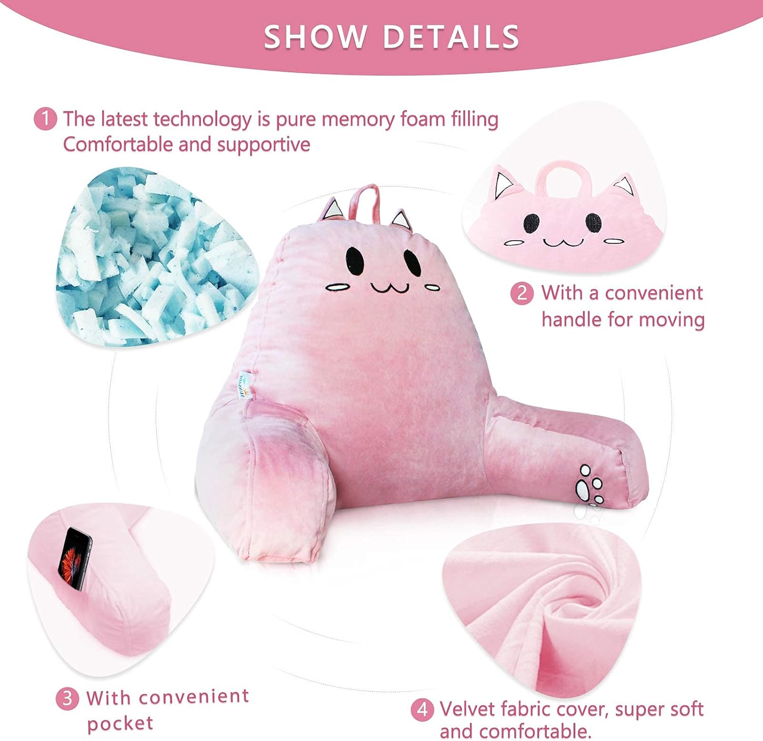 SUNSIDE Reading Pillow with Cat Design,Back Pillows for Sitting in Bed,Shredded Memory Foam Bed Rest Pillow with Arms,Suitable for Reading,Relaxing,Watching TV,Gaming,Apply to Adult and Children