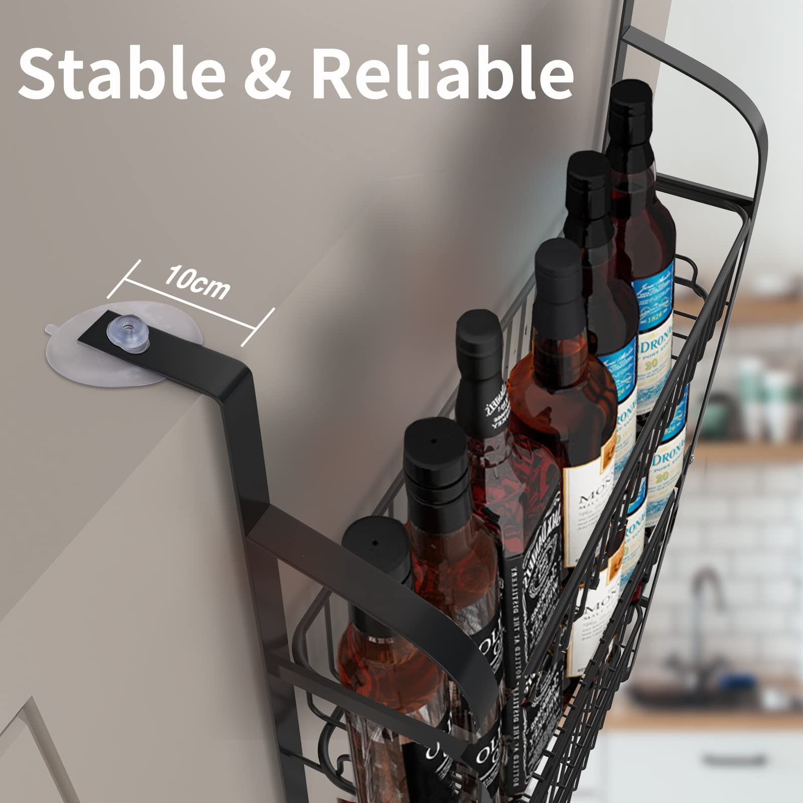Etagère Réfrigérateur, Porte-Épices de Réfrigérateur, 2 Niveaux Étagère à Épices avec 8 Crochets, Multifonctionnel Étagère de Rangement pour Frigo Cuisine sans Perçage, Noir