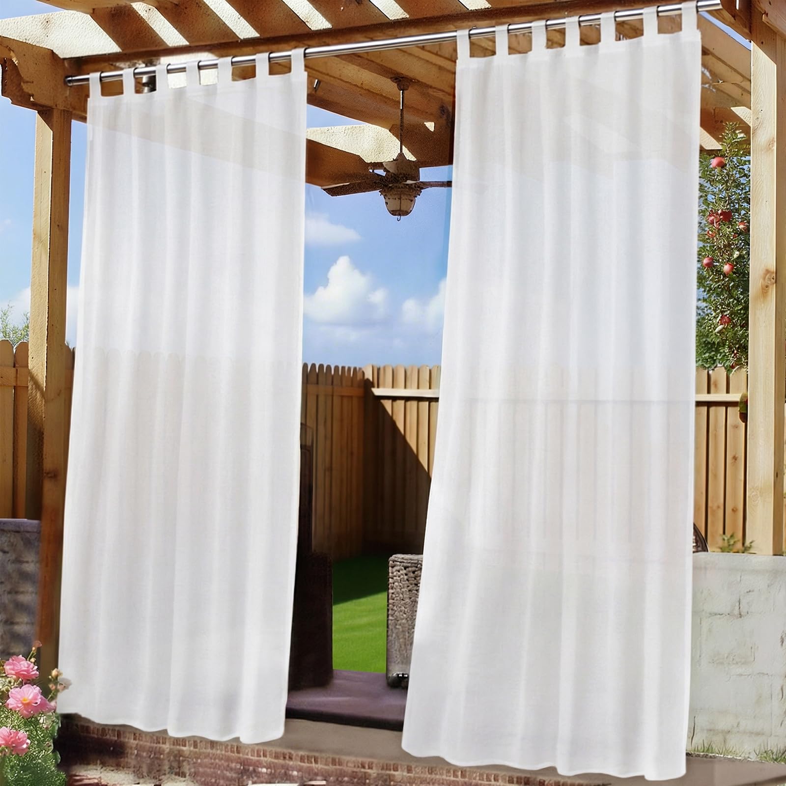 Newthinking Outdoor Vorhänge Transparent, 2 Stück Halbtransparente Vorhänge mit Selbstklebenden Schlaufen, Leinen Optik für Terrasse Pavillon Pergola, 245 x 132 cm, Weiß