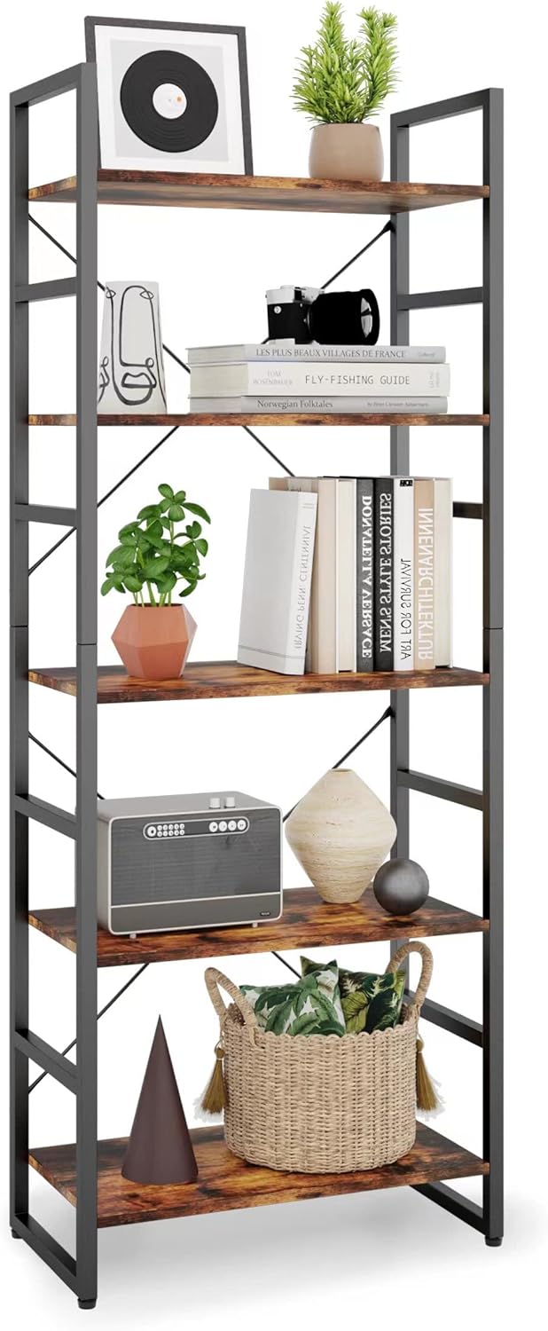 TREETALK 5 Tier Bookshelf, Standing Bookcase with 2 X-shape Frame,Adjustable Leg pads, Industrial Storage Rack for Office, Living Room (Rustic Brown) main image 1