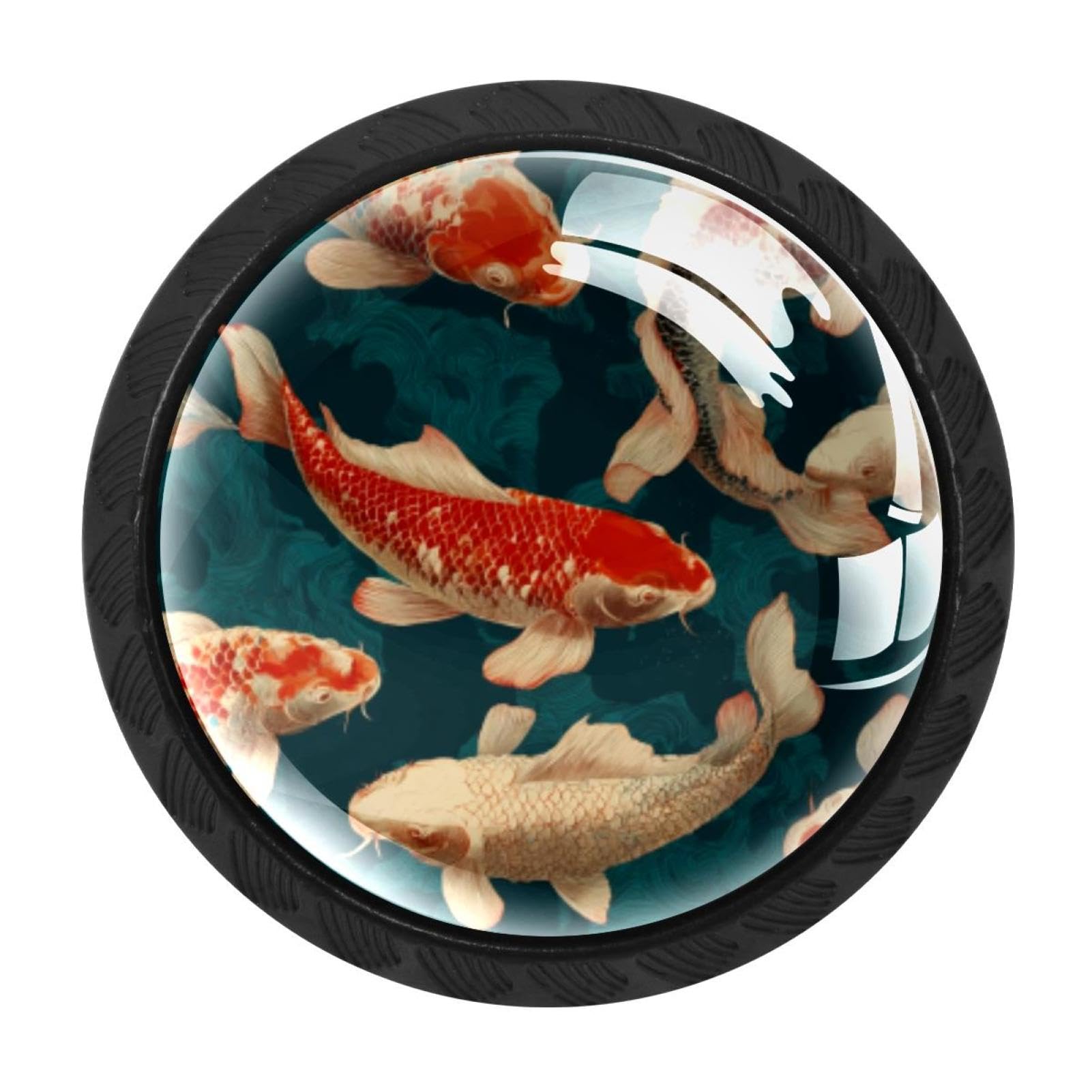 CHENZZZZ 4pcs Round Cabinet Knobs for Home Wardrobe Office Kitchen Dresser and Cupboard Cute Fish. Koi Carp Pattern DIY Glass Drawer Pull Handle with Screws