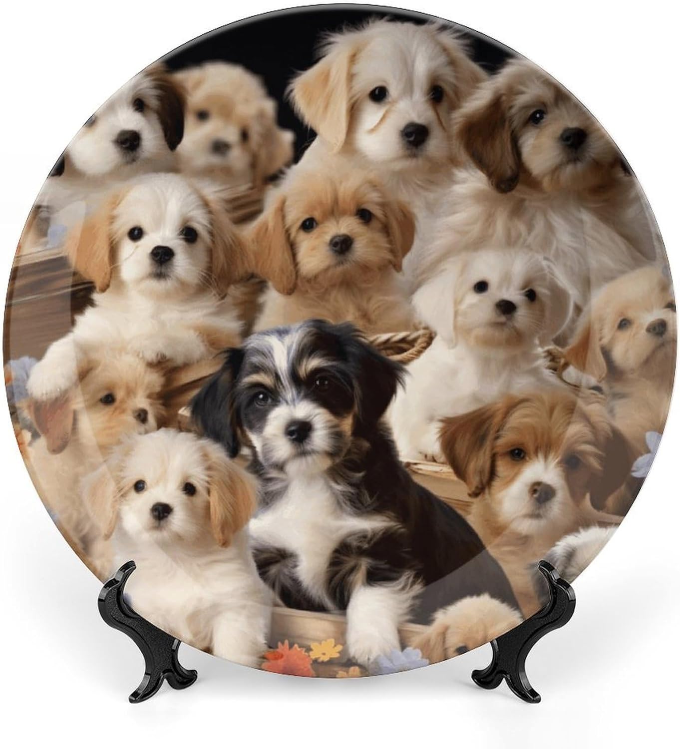 Cute Pet Dogs Ceramic Plate 10inch Decorative Bone China Wall Hanging Ornament Plates Bohemian Style Dinner Plate with Display Stand Cabinet Display Plates for Home Art Decor