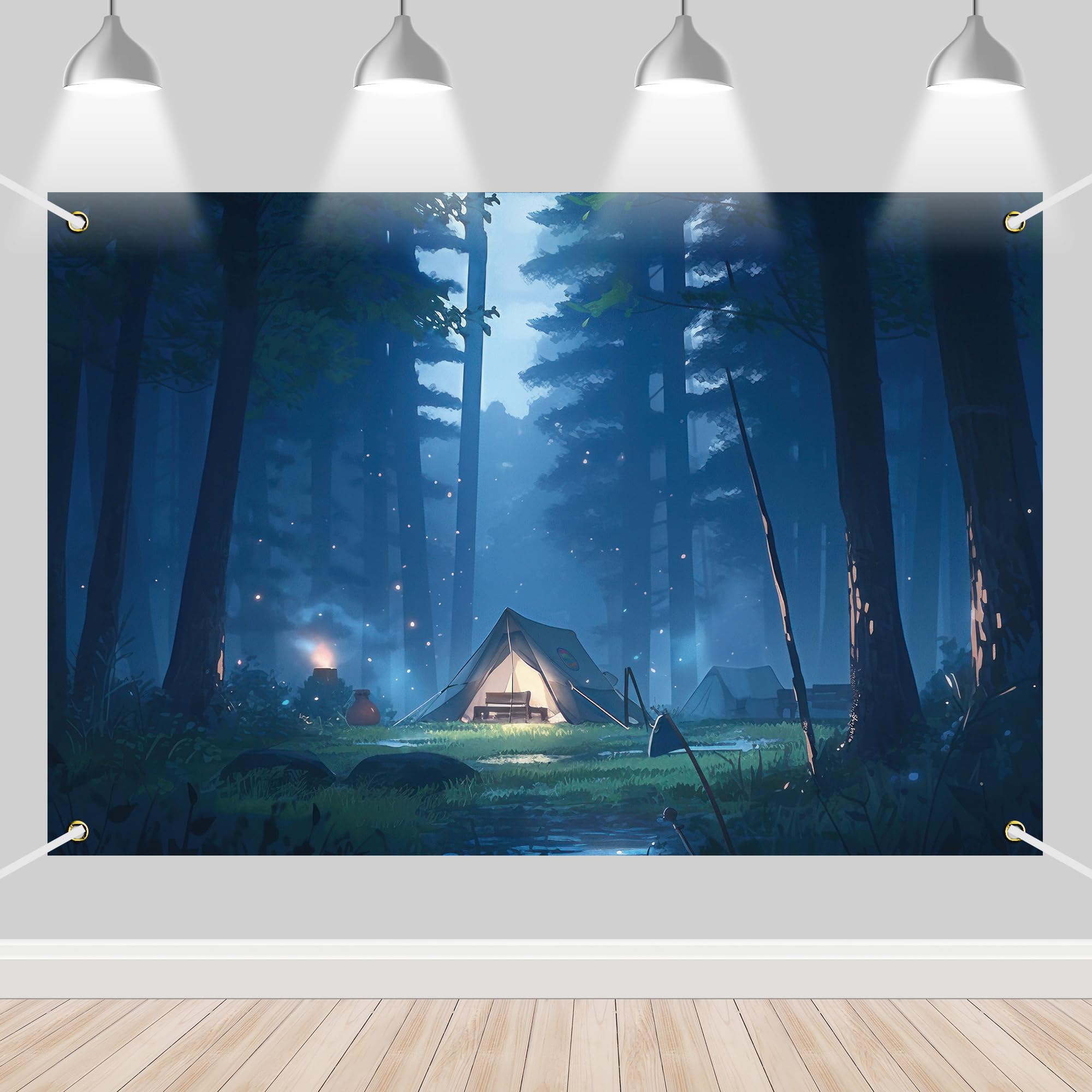 Forest Camping Backdrop Banner Field Survival Training Tent Campfire Mountain Photography Background for Campers Boys Girls Graduation Birthday Party