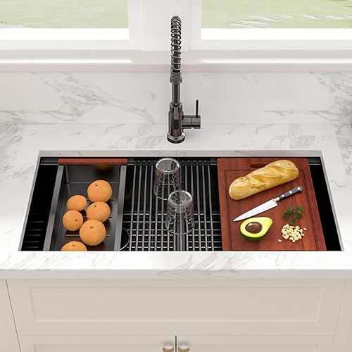 Vista 113 de Sarlai Fregadero doble de 33 piezas para empotrar - Fregadero de cocina de 33 x 19 pulgadas, acero inoxidable de calibre 16, esquina redonda, doble