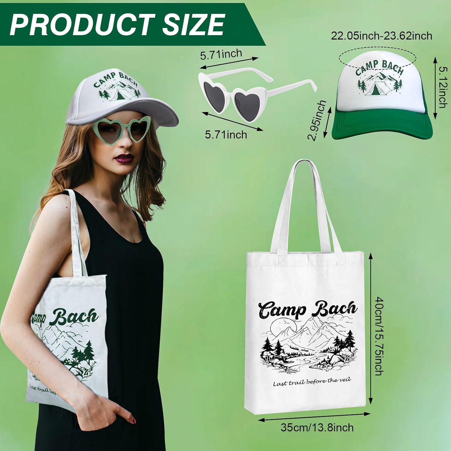 24 Pcs Camping Themed Bachelorette Party Favors Include 8 Bridesmaid Tote Bags 8 Camp Bach Baseball Caps 8 Heart-shaped Sunglasses for Bachelorette Bridesmaid Bridal Shower Gift Wedding Party Gifts