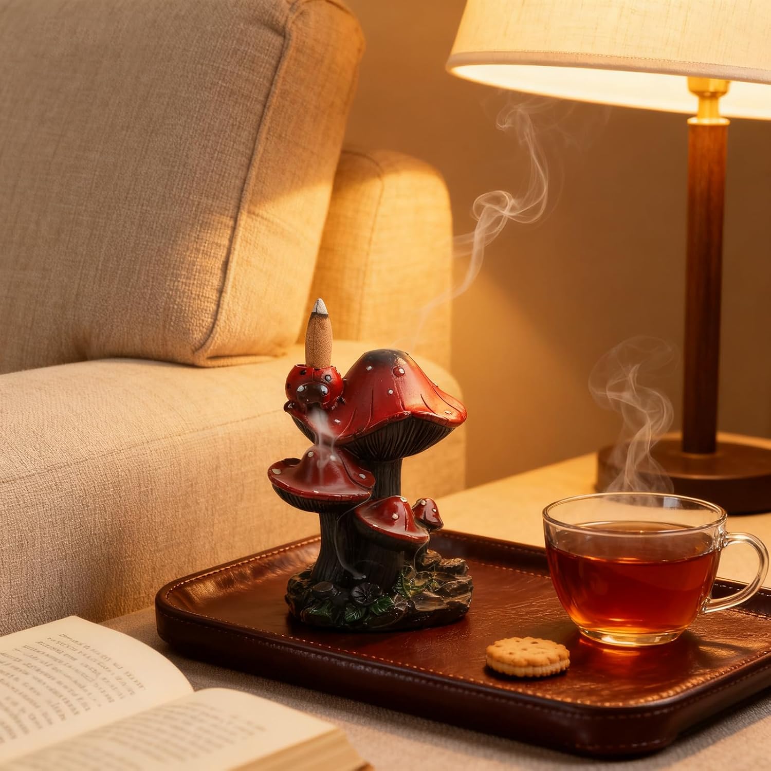 Incense Holder Waterfall Backflow Incense Burner Mushroom Decor with 20 Cones, Resin Relaxation Burner for Palo Santo, Home Office Meditation Desk Decor Zen Cottagecore for Mom