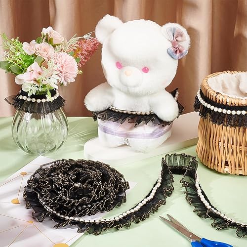 Miniatura 4 de BENECREAT Cinta plisada con borde de encaje de 4 yardas, 1.55 pulgadas de ancho, ribete de encaje negro perla con borde dorado, volantes de organza