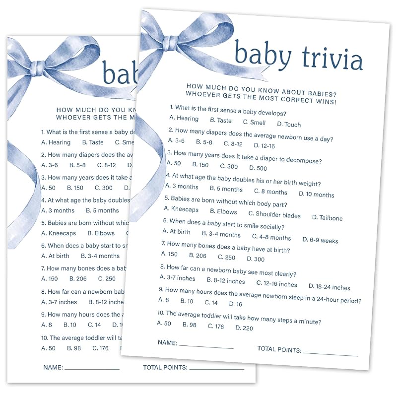 TRKAE Baby Trivia Game Set, 30 Blue Bow Baby Shower Party Games Cards with Answer Card, Gender Reveal Party Announcement & Activities Supplies -B02